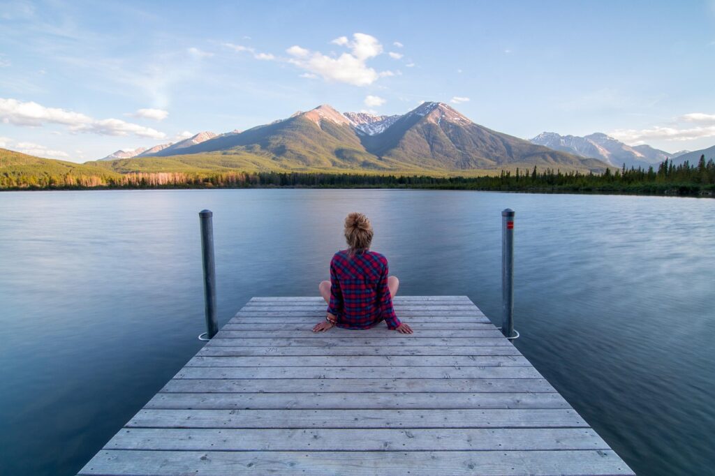 jetty, woman, sitting, relaxing, dock, lake, landscape, outdoors, person, scenery, nature, serene, calm, tranquil, girl, blue landscape, blue relax, blue calm, blue lake
