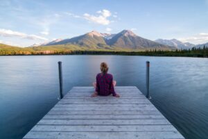 jetty, woman, sitting, relaxing, dock, lake, landscape, outdoors, person, scenery, nature, serene, calm, tranquil, girl, blue landscape, blue relax, blue calm, blue lake
